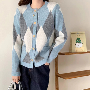 Cárdigan de Punto con Bloques de Color en Forma de Rombo y Cuello Redondo para <span class=keywords><strong>Mujer</strong></span>, Estilo Otoño-Invierno, Casual - Product Image 6