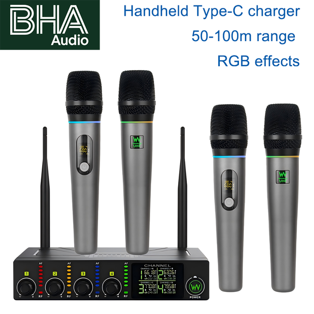 BHA U-068 4 Channel Wireless Handheld Microphone Built in RGB Lights Type C Charging Cordless Mic System for Stage Performance