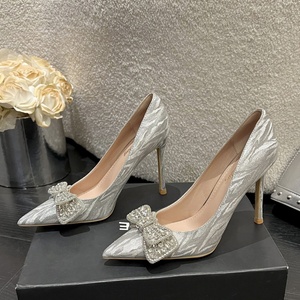 2025 New Silver Striped Pointed-toe <b>Glitter</b> Shiny Stiletto Heel Slip-On Korean-style Rhinestone Bow Non-tiring Women's <b>Pumps</b> - Product Image 1