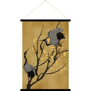 Canvas Art Handing of Crane With Golden Flowers With Digital Printing Mdf Materials Wall Art Decoration