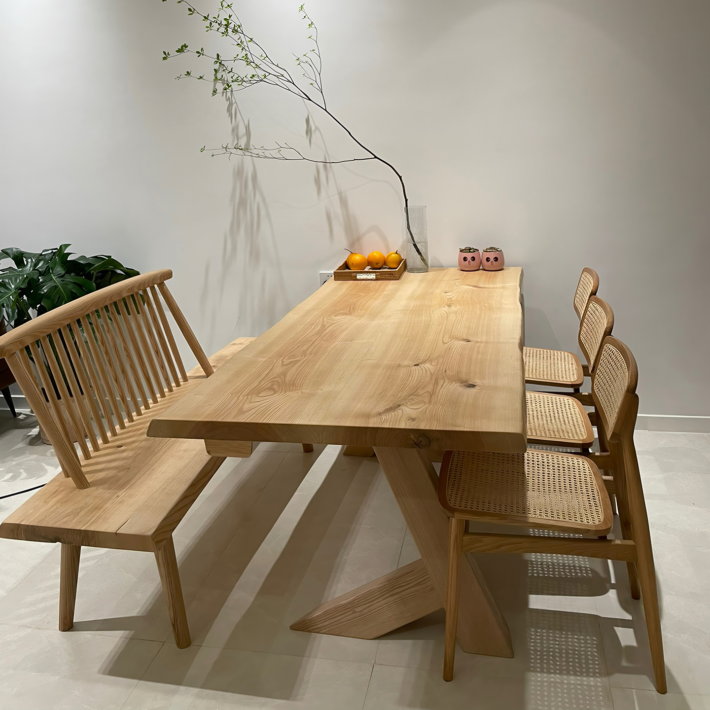 Ash wood double panel large dining table