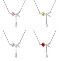 Collier avec pendentif en zircon taille princesse pour femme, en argent sterling 925 plaqué rhodium, avec chaîne torsadée et pampille en forme de cube de sucre