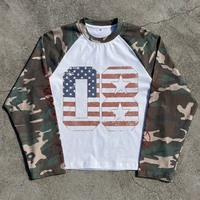 T-shirt thermique à manches longues pour homme, imprimé graphique vintage surdimensionné de haute qualité, camouflage, 100% coton, manches raglan