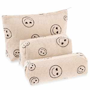 Juego de 3 Bolsas de Cosméticos de Pana con Diseño de Cara Sonriente, Estuche para Lápices Estilo Preppy, Bolsa de Viaje para Maquillaje y Belleza - Product Image 1