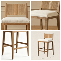 Tabouret de comptoir en bois de frêne Japandi Wabi-Sabi |   Dossier en corde tressée à la main |   Siège rembourré en lin Off-White |   Bar à domicile stable
