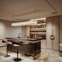 Système de rangement de vin autoportant en bois avec comptoir central de barman et grille à vin multi-niveaux pour cave de villa