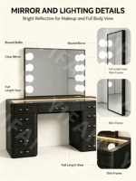 Coiffeuse et commode de luxe moderne en panneaux de bois, finition noire brillante, quincaillerie dorée, éclairage LED, rangement, miroir amovible pour chambre à coucher