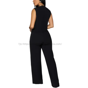 Casual Solid Color Sleeveless V-neck Button Top and Pants Two Piece <b>Set</b> for Women Fashion - Product Image 2