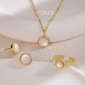 VANA Italian Vintage White Mother of Pearl Bead 925 Sterling Silver Minimalist Gold Plated Necklace Earring Ring Jewelry set