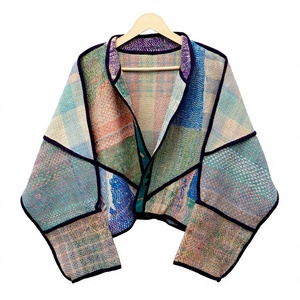 Traditional Elegant Vintage Kantha <b>Jacket</b> Mandarin Collar Regular Length Regular Sleeve Open Stitch 100% Cotton <b>Woman</b> <b>Jacket</b> - Product Image 1