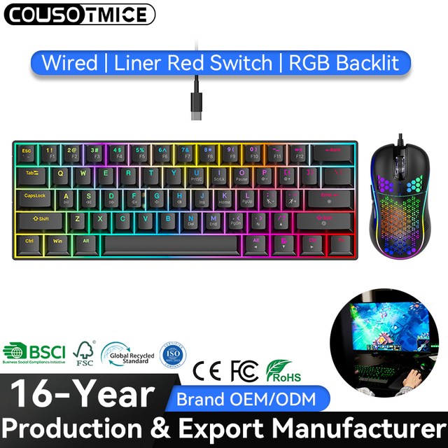 Customizable 60% 61 Keys RGB Backlit 7200DPI Gaming Mouse Computer Wired Red Switch Mechanical Gaming Keyboard and Mouse Combo