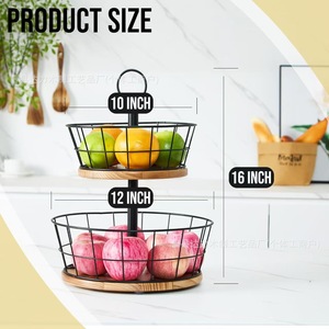 Double Layer Iron <b>Storage</b> <b>Basket</b> 12+10 Inch <b>Large</b> Capacity Kitchen Fruit Vegetable Holder Round Standing Type - Product Image 3
