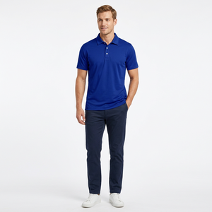 Camisa de Hombre Azul de Manga Corta, 100% Algodón Piqué, Corte Regular, Color Sólido Informal, Diseño de Punto Transpirable - Product Image 1