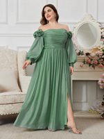 Robe de soirée maxi élégante à fente latérale, taille plus, épaules dénudées, en mousseline de soie, couleur unie, simple, à fleurs en relief, manches lanternes, ourlet plissé
