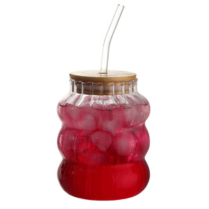 Venda quente Borosilicato Resistindo Vidro Tumbler Cup Ribbed Iced Coffee Óculos com Tampa De Bambu e Palha De Vidro - Product Image 4