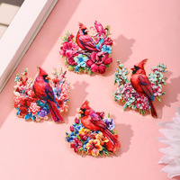 Épingles en émail d'oiseau cardinal du Nord rouge floral