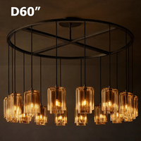 Lustre LED rond moderne de 36 pouces en laiton et verre ambré de luxe pour salon