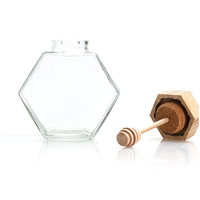 Vente en gros de pots à miel hexagonaux en bois de luxe de 100 g, 220 g, 380 g, pot à miel en verre avec distributeur
