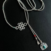 Mongolian Lucky Knot Bag Horse Head String Instrument Necklace Vintage Design Handmade Sweater Chain