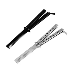 New product stainless steel butterfly comb hairdressing folding knife beard comb for men