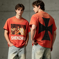 T-shirt en coton épais pour homme, style hip-hop, coupe ample et carrée, effet vieilli et délavé à l'acide, vintage