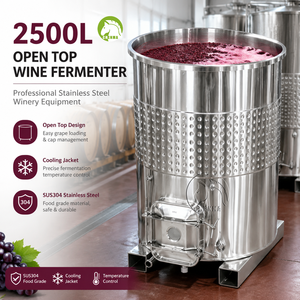 Cuve de fermentation à ouverture supérieure pour vin rouge de 2500 L, en acier inoxydable, avec chemise de refroidissement et poche pour chariot élévateur - Product Image 1