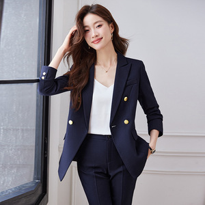 Women's Suit Set Navy Blue Double Breasted Formal Workwear Autumn Winter Anti-Wrinkle Polyester Worsted Full Sleeve - Product Image 1