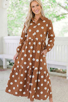 Nouvelle Robe Midi Décontractée et Élégante pour Femme, Taille Haute, Coupe Trapèze, Imprimé Pois, Col Revers, Manches Longues, Ample, Collection Automne, Vente en Gros