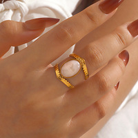 Bague élégante en acier inoxydable avec pierre naturelle ajustable, géométrique, ovale rose, pour femme, vente en gros
