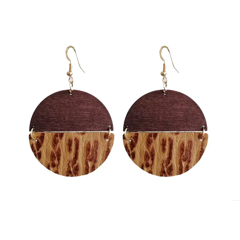 Landy-pendientes simples de madera de cuero, joyería con textura Retro Bohemia geométrica