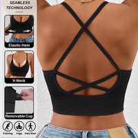 Soutien-gorge de sport côtelé sans armatures à dos croisé et col en V pour femme, avec coussinets amovibles, idéal pour le yoga, le fitness et le quotidien