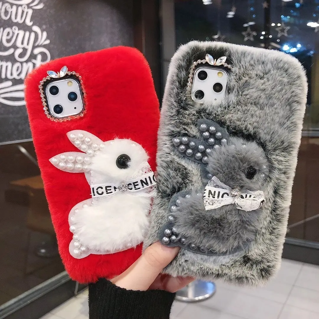 Cute Rabbit Funny Cartoon Fur Plush Winter Phone Case For i Phone 13 pro max 14 15 Pro 12 11 Phone Cover For Girls