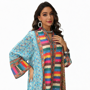 Colorful Striped Rhinestone Printed Lightweight Breathable Modest Adults V Neck Long Sleeve Maxi Abaya <b>Plus</b> <b>Size</b> Islamic Rayon - Product Image 1