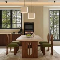 Meubles de salon de luxe, table basse longue en bois de chêne avec plateau en marbre, table à manger moderne en bois et chaises