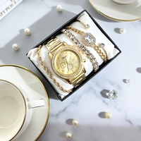 Ensemble de 5 pièces assorties très prisé : Montre dorée pour femme à grand cadran, bracelet jonc en strass et bracelet multicouche, combo de bijoux pour l'Afrique