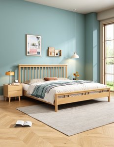 High Quality Natural Solid Wood <b>Bed</b> <b>Frame</b>, Modern Slatted Headboard <b>Platform</b> <b>Bed</b> for Bedroom Furniture - Product Image 1