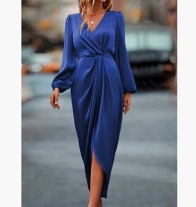 New fashion size women's <b>long</b> lantern sleeve office work puff sleeve satin dress all-<b>match</b> outer wear - Product Image 2