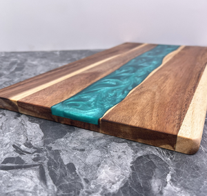 Planche à découper en bois d'acacia naturel avec incrustation de résine époxy turquoise, rectangulaire, antidérapante, adaptée aux aliments, plateau de cuisine - Product Image 5