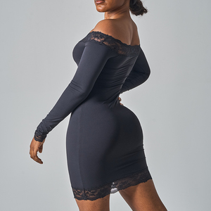 SK1344 Abito Mini Aderente da Donna con Maniche Lunghe a Campana e Spalle Scoperte <span class=keywords><strong>in</strong></span> Pizzo e Nylon Lavorato a <span class=keywords><strong>Maglia</strong></span> per Club, Shopping e Vacanze - Product Image 4