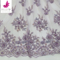 HY1707 terbaru Perancis ungu pengantin mewah Tangan 3d payet bunga kain renda renda renda tulle renda