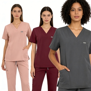 Ensembles d'uniformes médicaux pour femmes et hommes, polyester/rayonne/spandex, haut à col en V, pantalon droit, usage hospitalier, en stock - Product Image 1