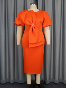 AM050114 estate manica corta a sbuffo grande fiocco aderente arancione Midi donna abito <span class=keywords><strong>da</strong></span> sera formale elegante - Product Image 3