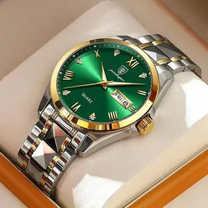 POEDAGAR 985 lüks İzle erkekler için büyük yeşil kadran paslanmaz çelik iş saatler moda klasik tarih gün elmas kol saati