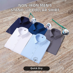 Chemise habillée d'affaires à manches longues pour hommes, col montant, sans repassage, anti-rides, simple boutonnage, imprimé formel, tricoté pour l'automne - Product Image 2