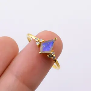 Newest Natural Labradorite/White Zircon Gemstone 925 Sterling Silver 18k Gold Vermeil Teenager Gift Kite Shape Labradorite Ring