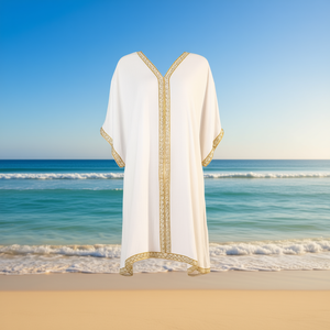 Buonic Copricostume da Spiaggia Estivo da Donna, Tunica Casual 92*90CM Bianco con Bordo Dorato - Product Image 2