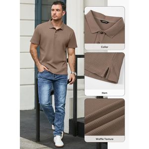 Custom Men's Summer Casual Short Sleeve Waffle for Polo <b>Shirts</b> Button up <b>Henley</b> in Solid Colors Embroidered Striped Pattern Dark - Product Image 3
