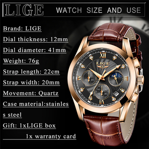 Montres LIGE LG8912 personnalisées, cuir marron, 3 sous-cadrans, calendrier professionnel, quartz, étanche, sport, montres-bracelets pour hommes - Product Image 5