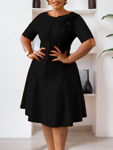 Vêtements pour femmes occidentales 2026 Nouvelle robe midi décontractée à manches courtes, couleur unie, col rond, vintage, commerce extérieur africain - Product Image 2