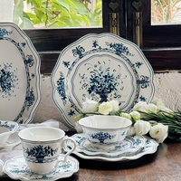 Vaisselle en céramique, impression de fleurs bleues, assiettes à dîner en céramique, assiettes rondes en porcelaine nordique, bols à salade, vaisselle